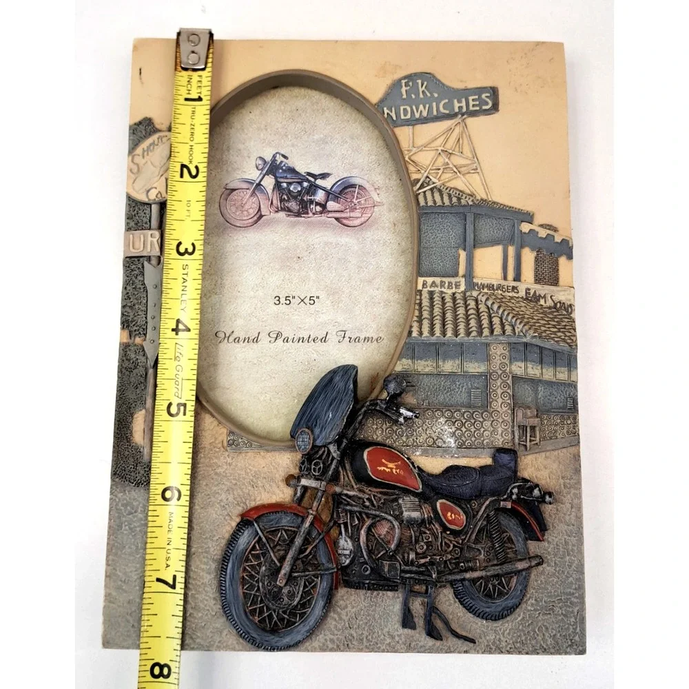Vtg Motorcycle Picture Photo Frame Hand Painted Resin‎ Biker Decor Gift 3.5x5